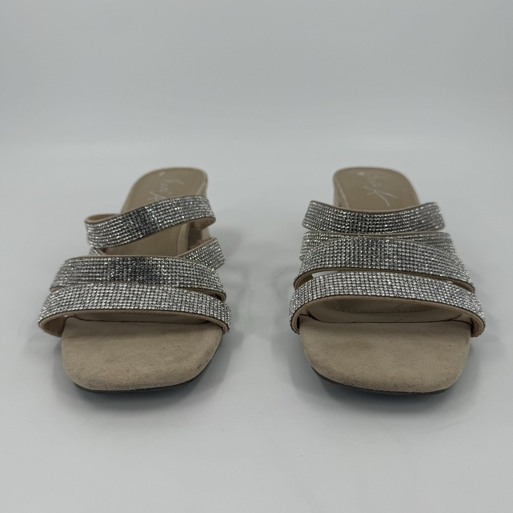Rhinestone Strappy Block Heel Slide Sandals Nude Beige Women's 9M - Picture 2 of 5